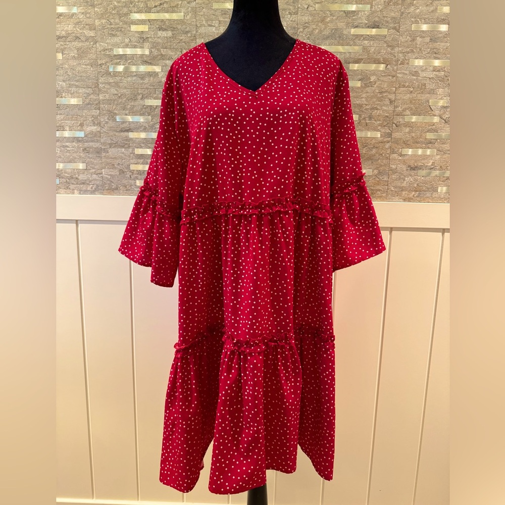 Funlingo Red White Polka Dot Ruffle Bell Sleeve Maxi Dress XL Extra Large V Neck
